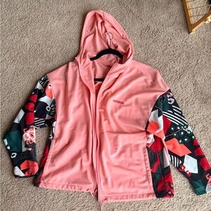 adidas farm rio women’s Coral Pink Hooded Jacket with Patterned Sleeves